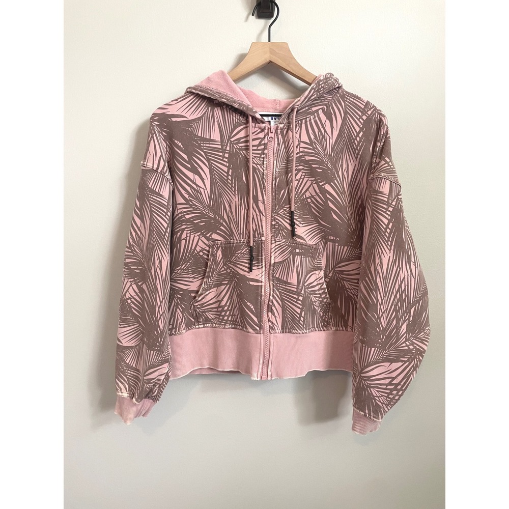 JoyLab Oversized Vintage-Styled Cropped Zip-Up Hoodie, Pink & Light Brown Palm